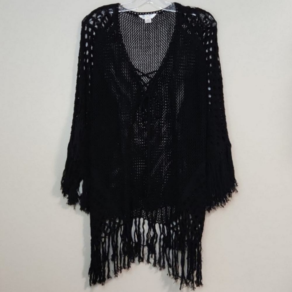Hula Moon 💯% Cotton Black Oversized Crochet Swim Cover-Up, Size S~NWOT